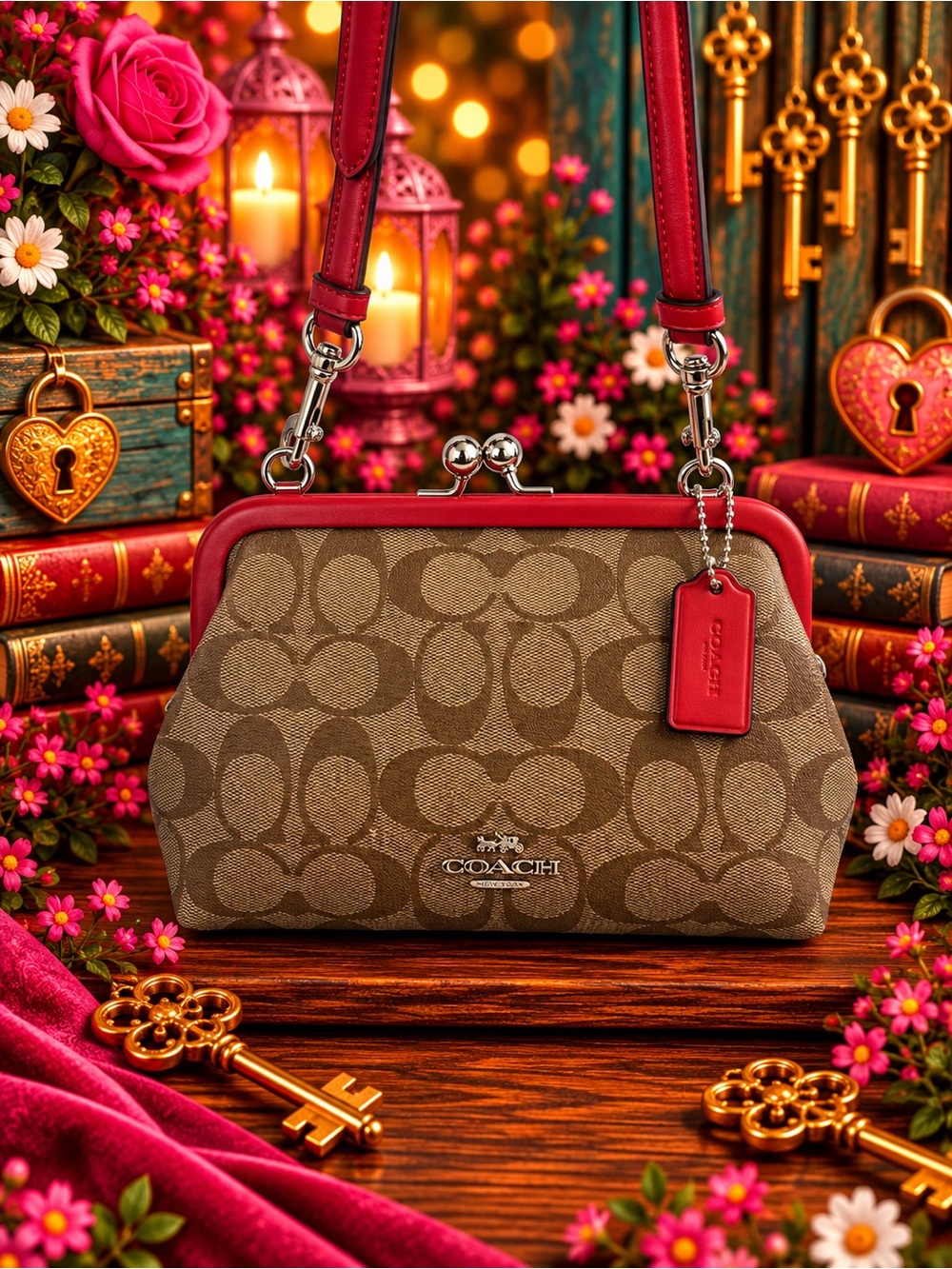 Coach Nora Kisslock Brown Signature Canvas Crossbody with Red Trim